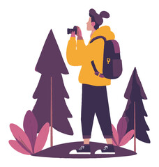 Person Holding Camera in Nature with Backpack and Trees Illustration