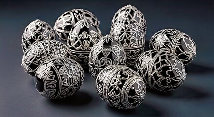 Luxurious Ornate Silver Eggs on a Mysterious Dark Surface