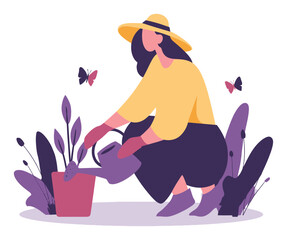 Woman Watering Plants with a Watering Can in a Garden Setting