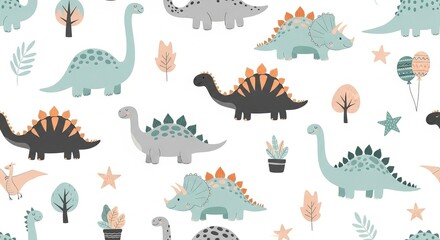 A playful pattern featuring dinosaurs, trees, and stars set against a clean white background, cute.