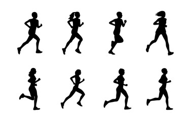 Silhouettes of various people running in different poses. Perfect for fitness, sports, marathon, training, and health-themed projects. Vector shapes on transparent background.