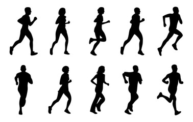 Silhouettes of various people running in different poses. Perfect for fitness, sports, marathon, training, and health-themed projects. Vector shapes on transparent background.