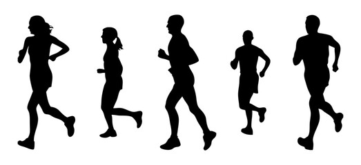 Silhouettes of various people running in different poses. Perfect for fitness, sports, marathon, training, and health-themed projects. Vector shapes on transparent background.