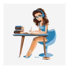 Young Woman in Blue Working at Desk with Books and Headphones