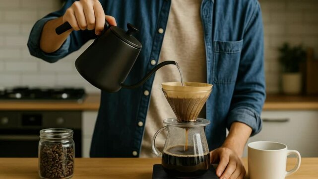 A close-up video shot of a person pouring hot water into a pour-over coffee maker, capturing a cozy, artisanal coffee-making process in a kitchen setting.