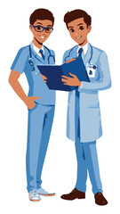 Cartoon Medical Professionals in Scrubs with Clipboard and Smiles
