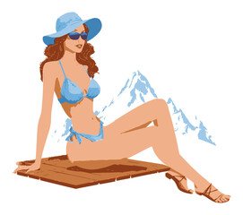 Elegant Young Woman in Bikini Relaxing on Deck with Mountain Background