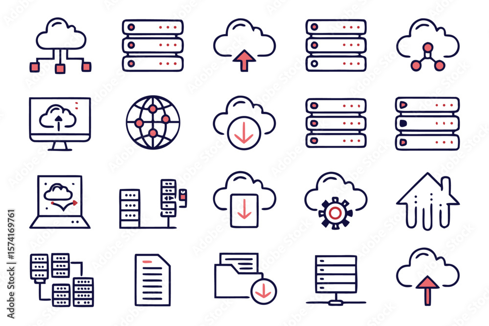 Poster comprehensive collection of modern clean line art symbols representing server operations data manage