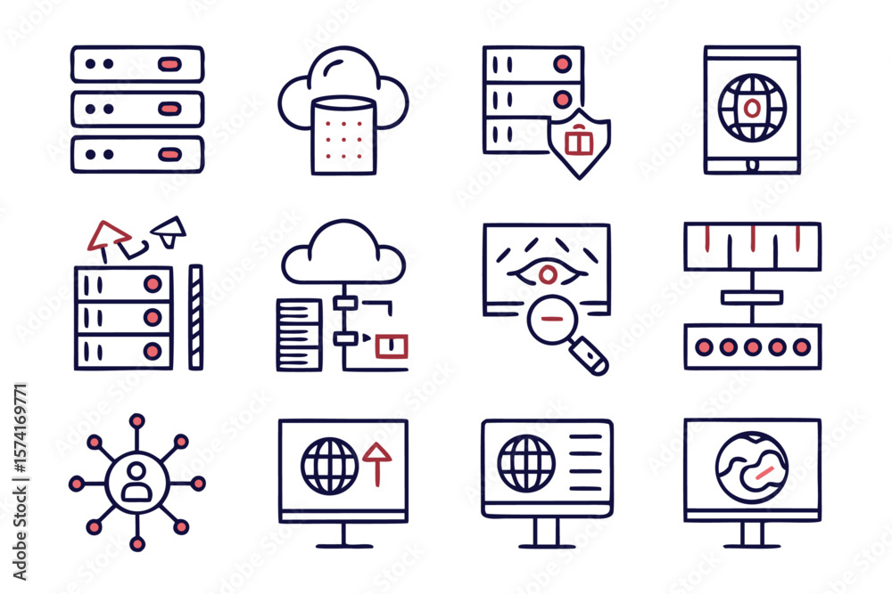 Fototapete Clean and modern server and data flow line art icons for technology and network concepts featuring essential digital symbols
