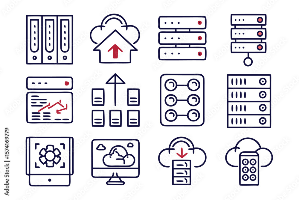 Poster comprehensive collection of clean modern line graphics representing server and data concepts perfect