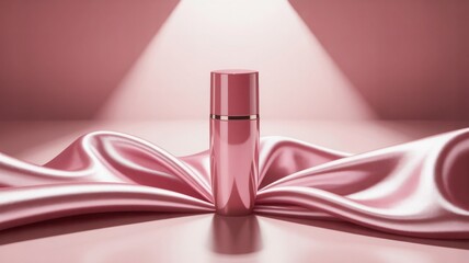Elegant pink cosmetic bottle displayed on luxurious satin fabric with soft lighting