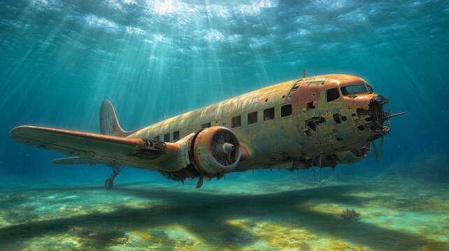 Sunlight filters through water illuminating abandoned airplane wreck underwater, mysterious