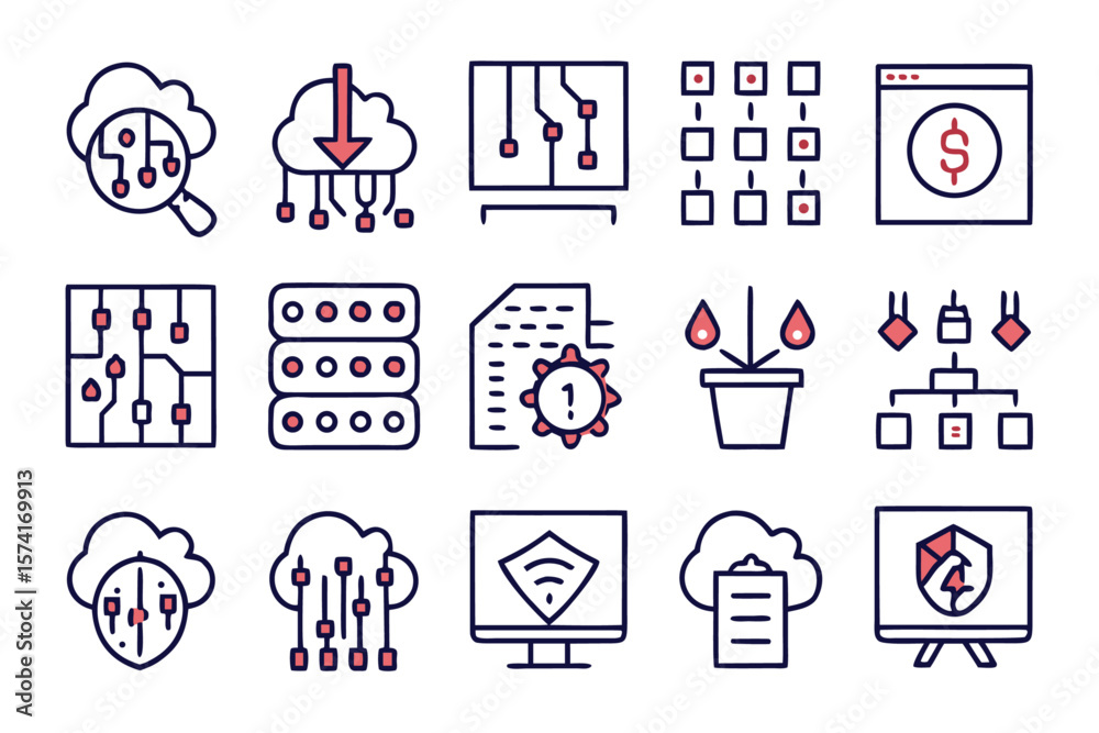 Poster collection of thirty essential outline symbols representing data concepts and operations featuring t