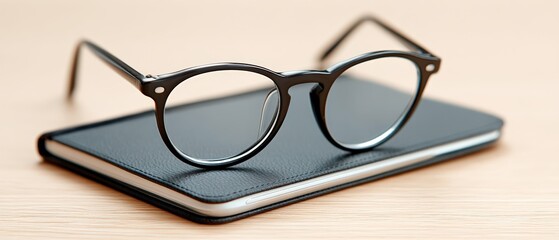 Stylish eyeglasses on a leather notebook modern office product photography minimalist workspace close-up eye health awareness
