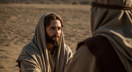 Naklejka premium A man with a beard and robe, Jesus Christ, talking in a desert. Biblical scene. New testament concept.