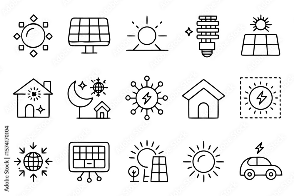 Poster clean outline symbols representing solar energy concepts and renewable power generation perfect for 