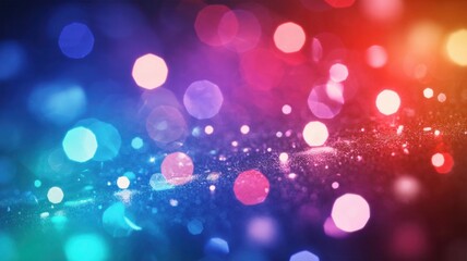 Abstract background with soft blue and red bokeh lights and sparkling particles