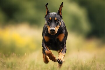 Doberman Pinscher Running Full Speed in Field, Power, Agility, Energy, Determination