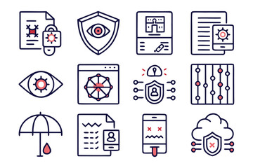Comprehensive collection of clean modern line graphics representing various aspects of safeguarding digital information and personal privacy across multiple platforms and services