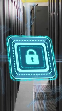 Animation of padlock with connections over server room