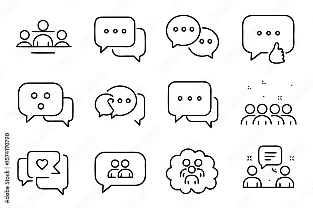 Poster collection of stylized speech bubbles and communication elements featuring distinct shapes and outli