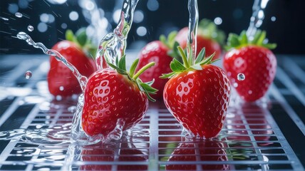 Fresh strawberries being washed under a stream of clear water in a sink