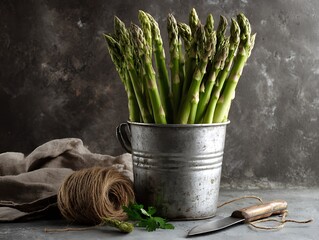 Fresh Green Asparagus Spears in Rustic Bucket, Healthy Food, Spring Vegetable, Still Life