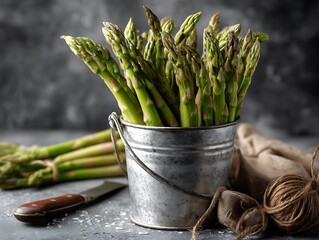 Fresh Green Asparagus Spears in Rustic Bucket, Healthy Food, Spring Vegetable, Still Life