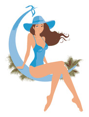 Woman in Blue Swimsuit Relaxing on Crescent Moon Design