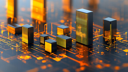 Futuristic city skyline digital circuit board, glowing orange, technological background; perfect for tech, finance, and innovation concepts