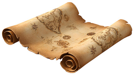 Antique treasure map scroll, isolated on transparent background