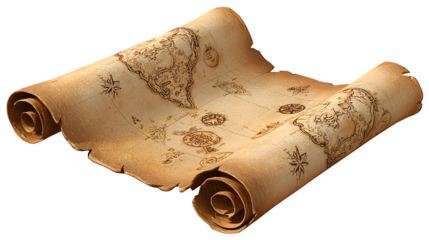 Antique treasure map scroll, isolated on transparent background