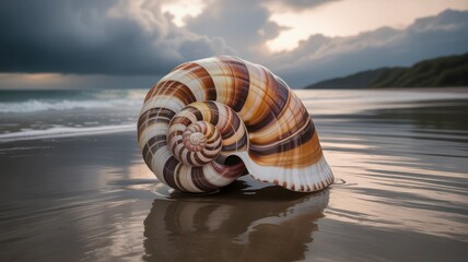 Exquisite spiral seashell resting on a wet sandy beach with gentle waves