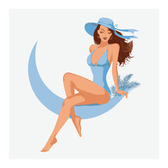 Elegant Cartoon Woman in Blue Swimsuit Sitting on Moon Crescent