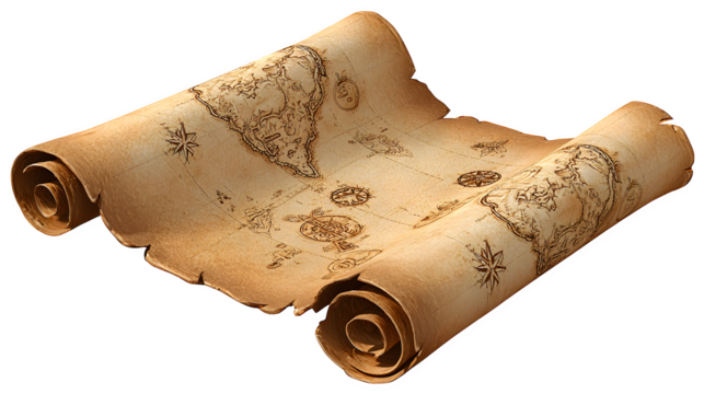 Antique treasure map scroll, isolated on transparent background