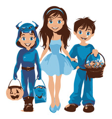 Three Happy Kids in Costumes and Candy for Halloween Celebration