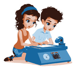 Two Cartoon Characters Working Together on a Blue Typewriter