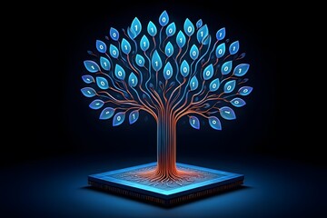 Digital tree of binary code growing from a microchip base symbolizing technology and data growth