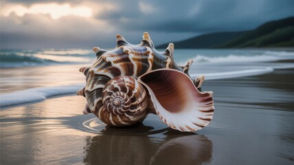 Exquisite spiral seashell resting on a wet sandy beach with gentle waves