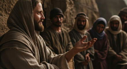 Obraz premium Jesus christ, a man, speaking to a group of men and a woman. Biblical scene of a sermon. Religious storytelling. New testament concept.