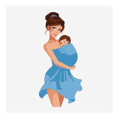 Caring Mother Holding Baby in Blue Wrap Cartoon Vector Illustration