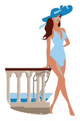 Stylish Cartoon Woman in Beachwear with Blue Hat and Elegant Pose