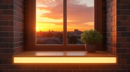 Cozy windowsill with potted plant and glowing light against sunset cityscape view