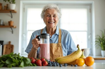 Elderly Woman Making Fresh Smoothie – Vibrant Healthy Morning in Sunlit Modern Kitchen