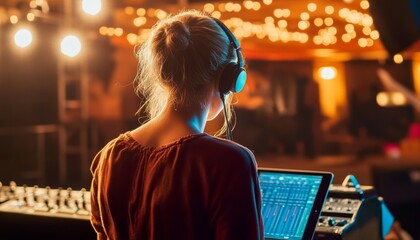 Focused Woman Skillfully Synchronizing Audio and Visual Elements for an Entertainment Show Backstage
