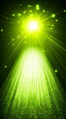 Green light rays burst, spotlight effect, dark background, sparkles, ideal for stage show backgrounds