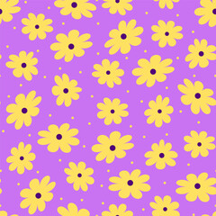 Background with yellow flowers on purple background. Decoration for gift wrapping, fabric, clothes, textile, surface textures, scrapbook. Vector illustration.