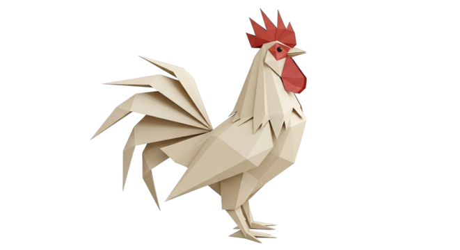 A stylized papercraft rooster stands proudly, showcasing a modern, geometric design in neutral