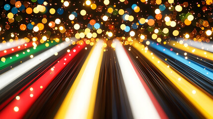 Colorful light streaks converging, festive bokeh background, celebratory event, ideal for holidays