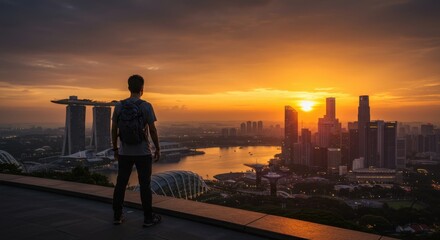 Singapore Skyline Sunrise: A Man Contemplates the City's Golden Dawn